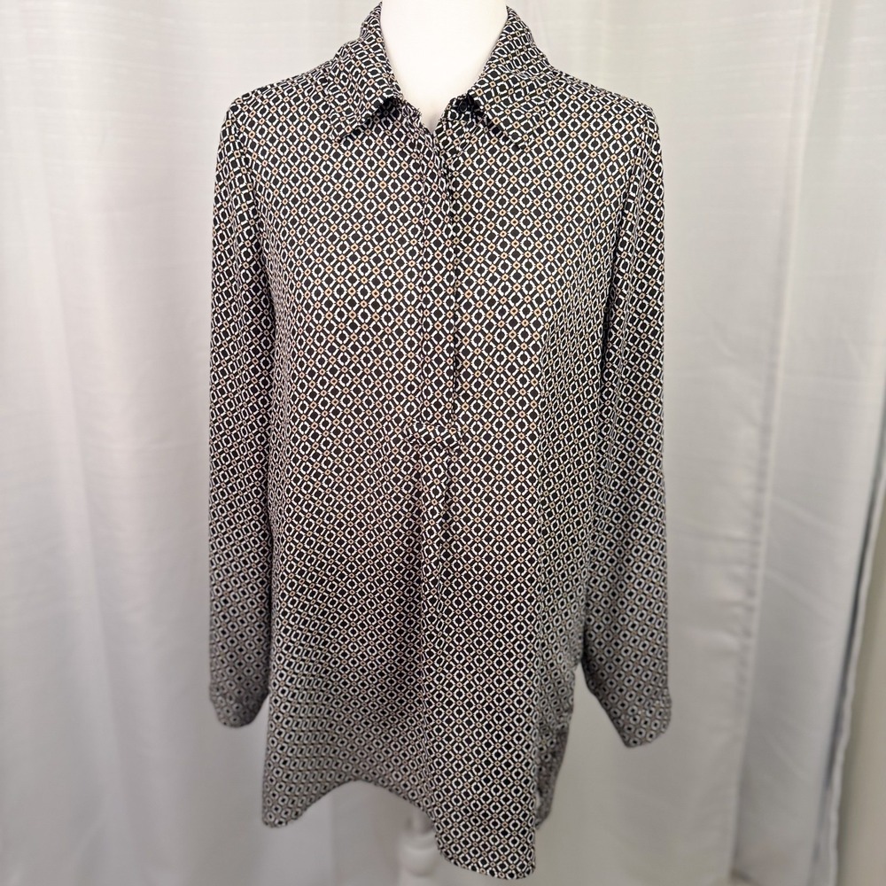 Anthropologie Pleione Blouse Womens Small Long Sleeve Geometric Black & Tan